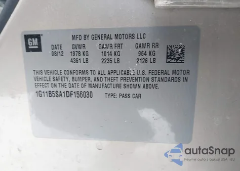 2013 Chevrolet Malibu 1Ls z USA, uszkodzony, nr VIN 1G11B5SA1DF156030